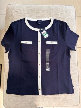 Nautica Navy Short-Sleeve Button Front Top with White Trim Accents. Brand New.